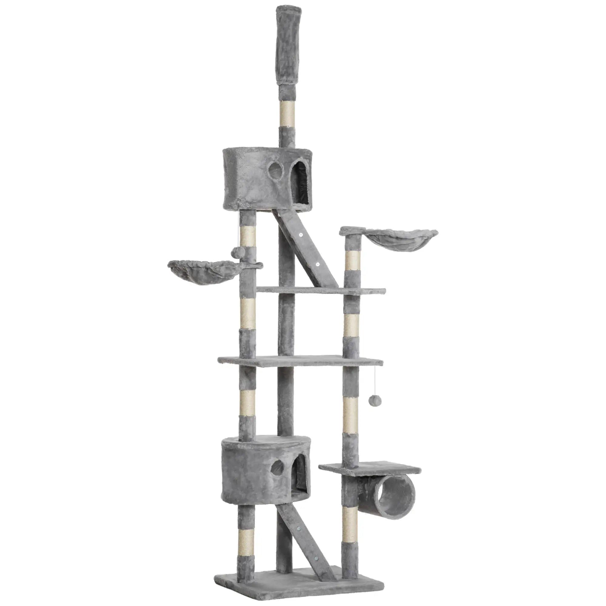 Arranhador para Gatos do Chão ao Teto de 240-260 cm com Altura Ajustável Múltiplas Plataformas Caverna e Rampas Cinza
