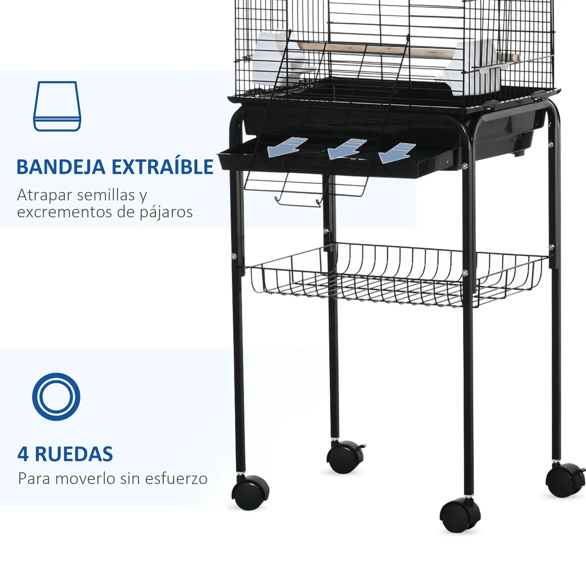 Birdcage with wheels, support, and accessories, black, 130cm