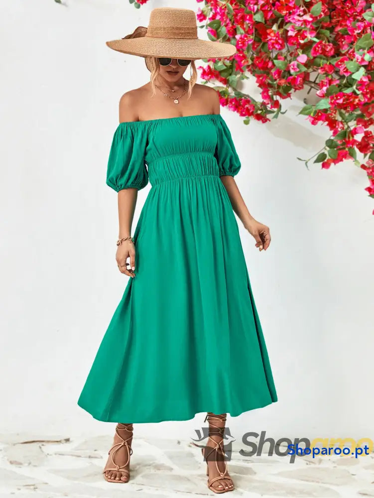 Off-Shoulder Balloon Sleeve Midi Dress