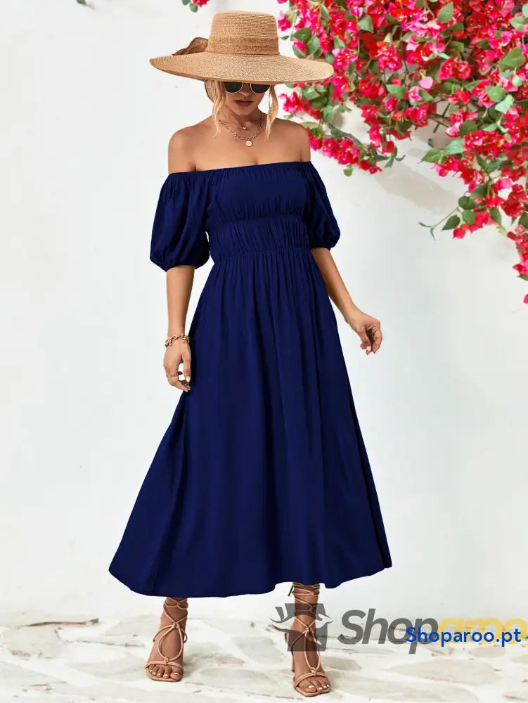 Off-Shoulder Balloon Sleeve Midi Dress