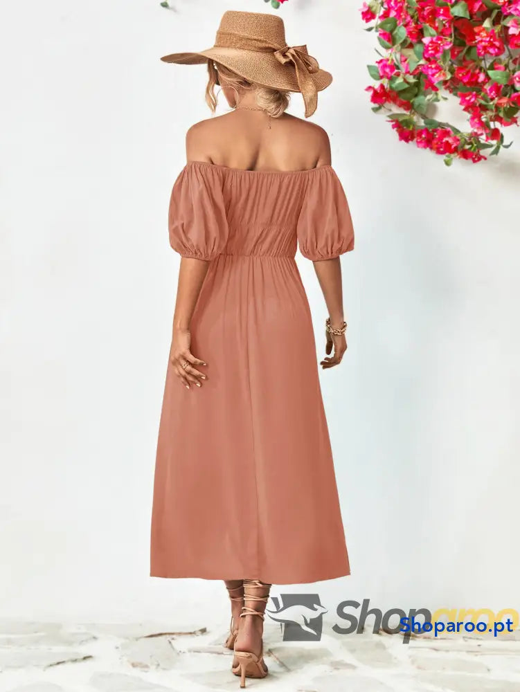 Off-Shoulder Balloon Sleeve Midi Dress