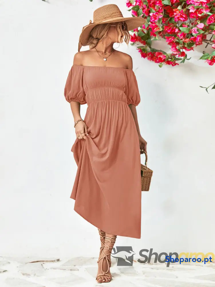 Off-Shoulder Balloon Sleeve Midi Dress