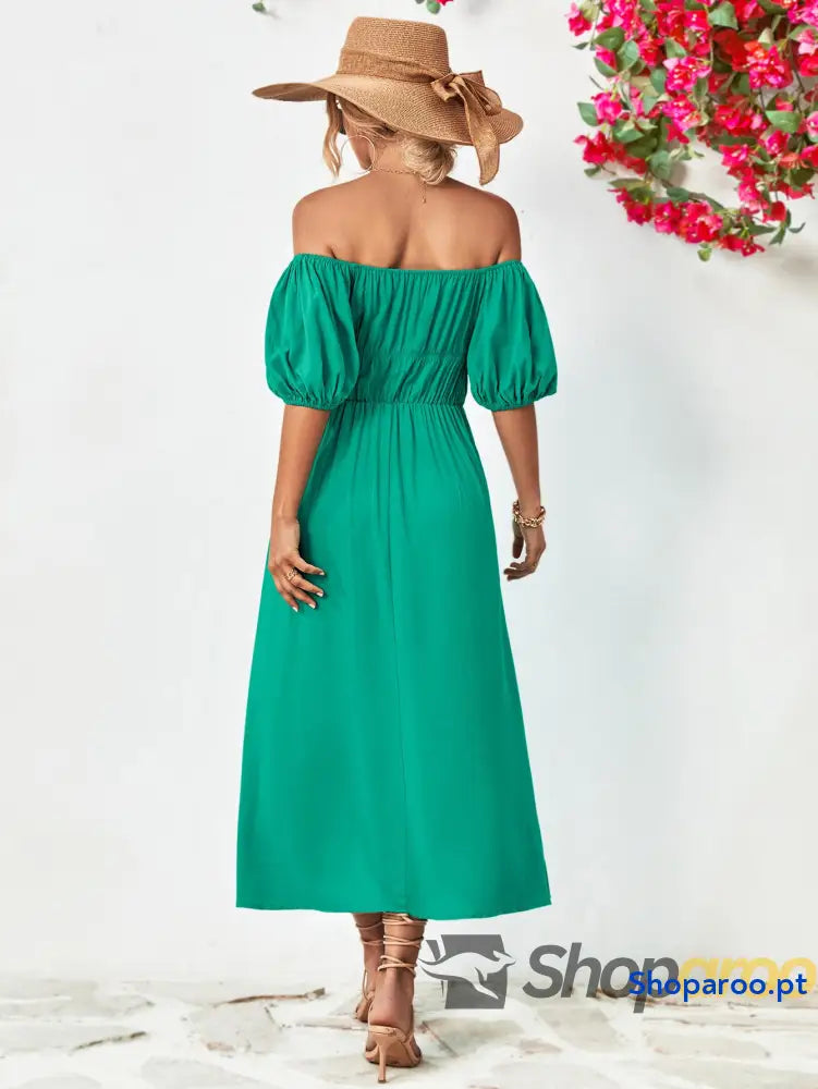 Off-Shoulder Balloon Sleeve Midi Dress