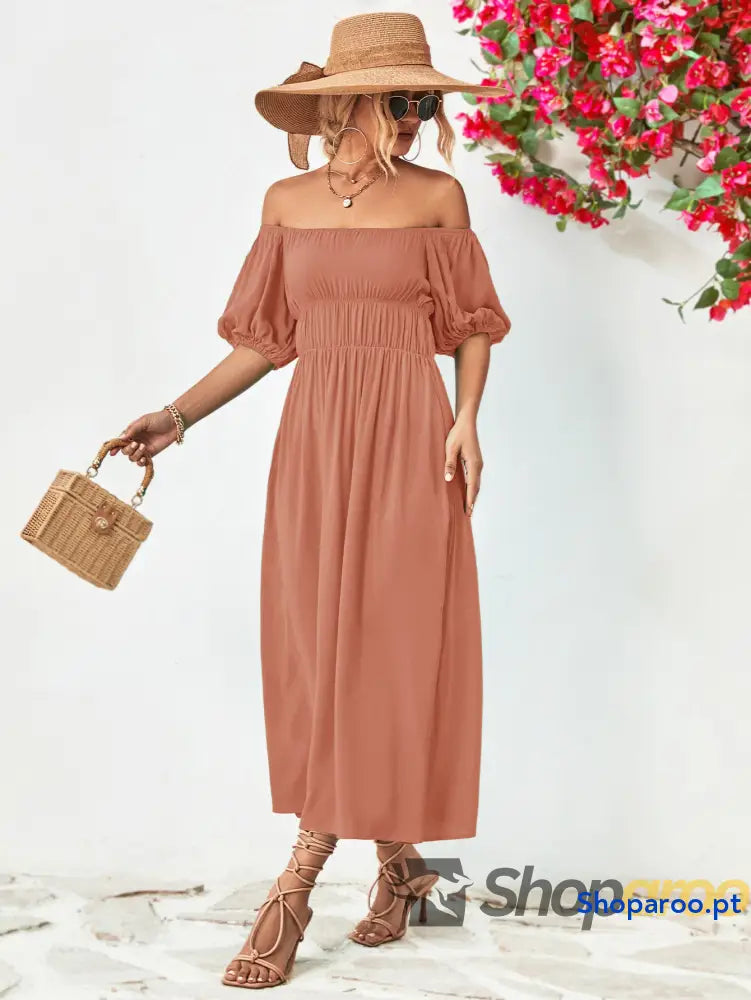 Off-Shoulder Balloon Sleeve Midi Dress