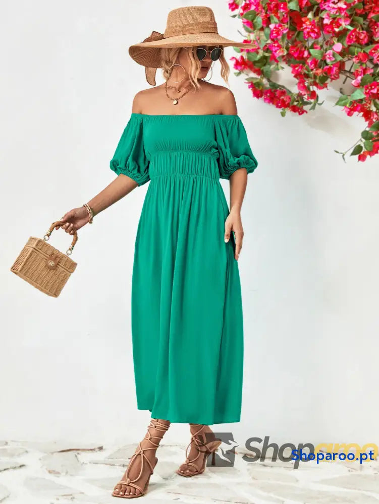 Off-Shoulder Balloon Sleeve Midi Dress