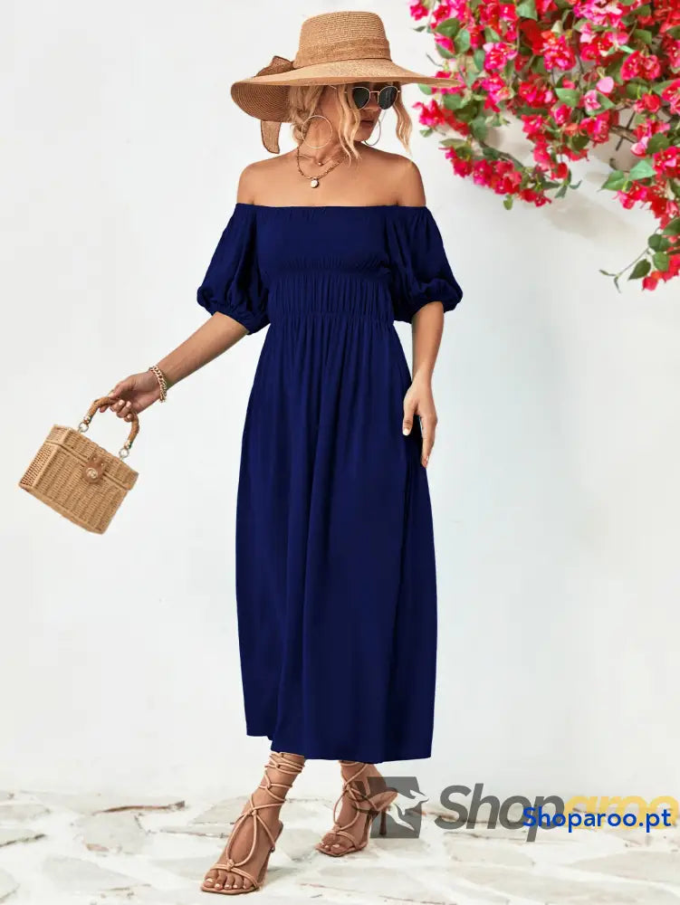 Off-Shoulder Balloon Sleeve Midi Dress