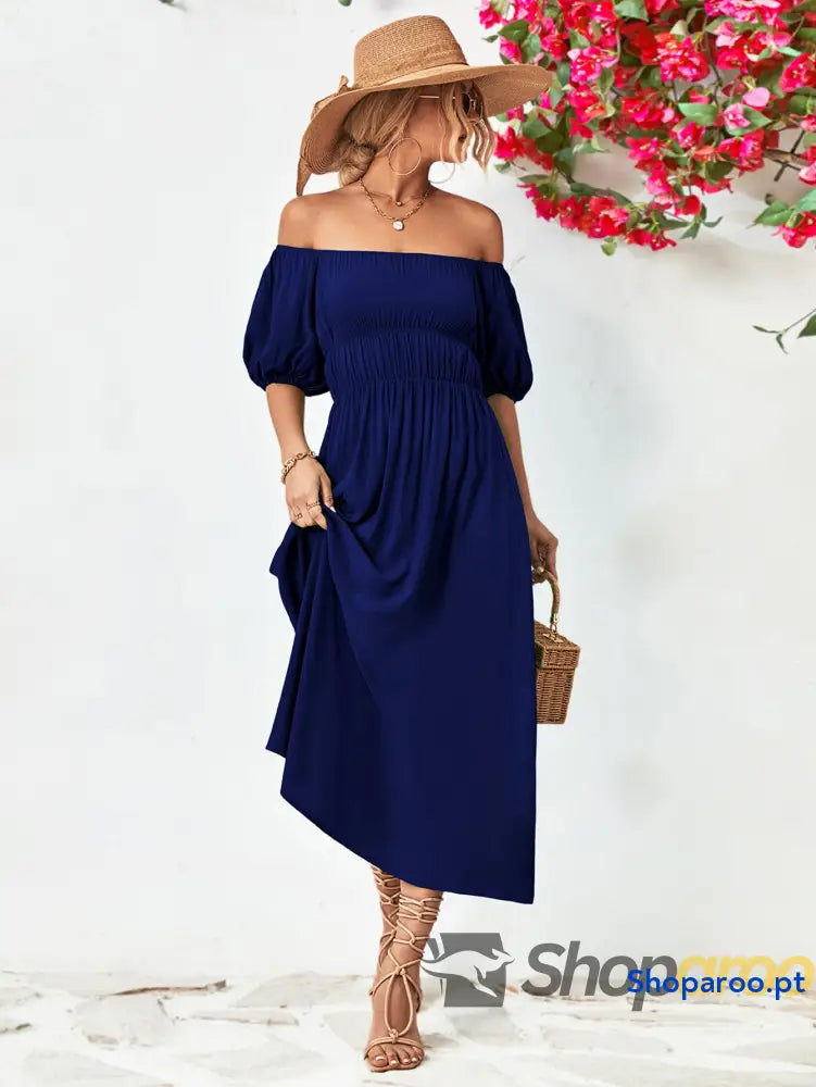 Off-Shoulder Balloon Sleeve Midi Dress