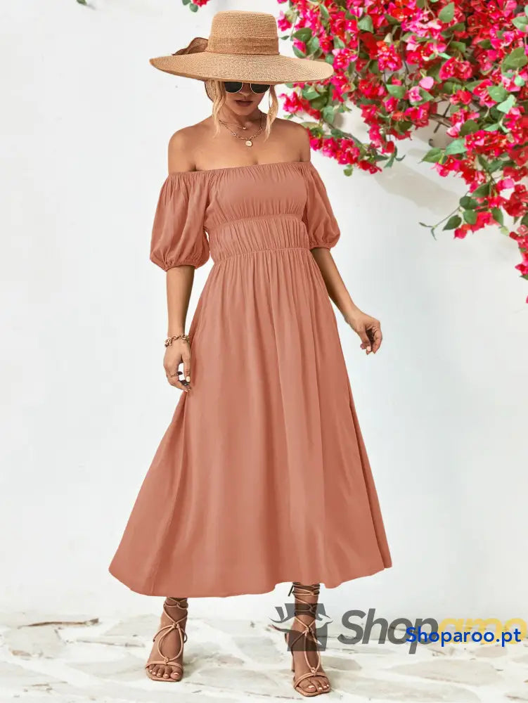 Off-Shoulder Balloon Sleeve Midi Dress