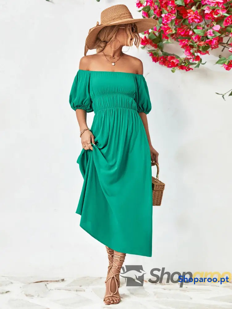 Off-Shoulder Balloon Sleeve Midi Dress