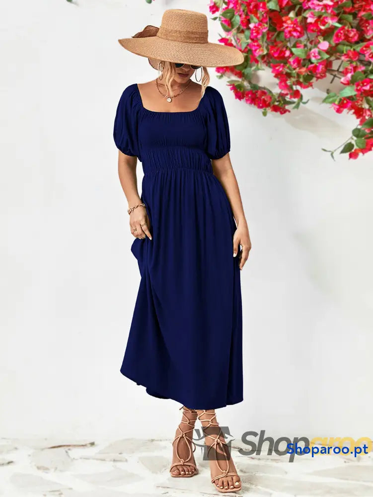 Off-Shoulder Balloon Sleeve Midi Dress