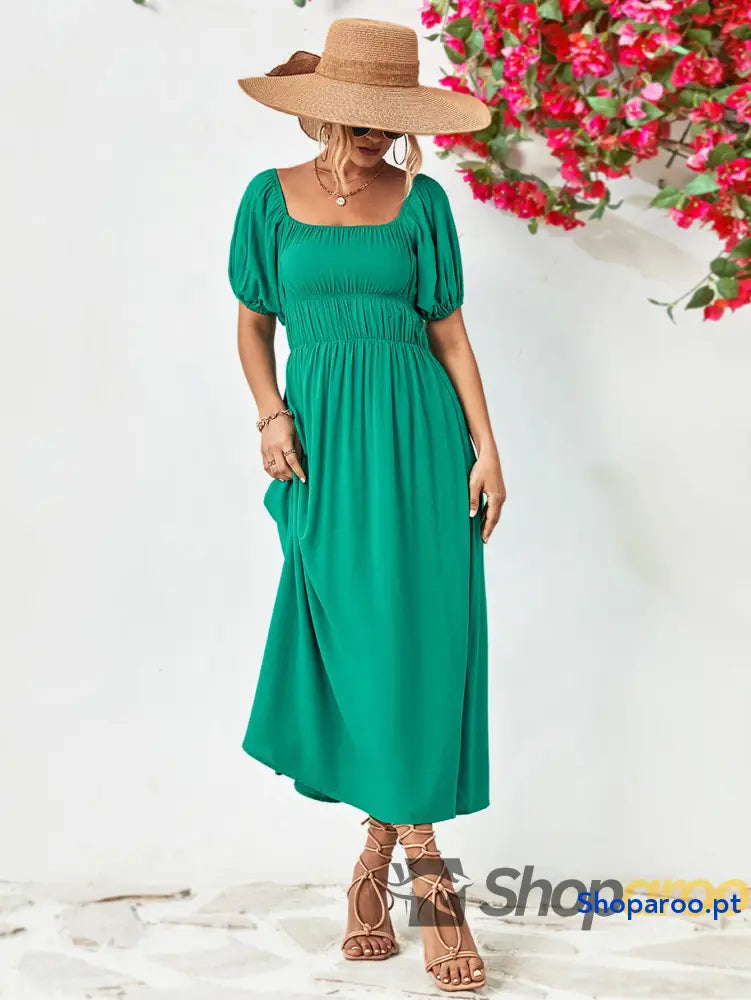 Off-Shoulder Balloon Sleeve Midi Dress