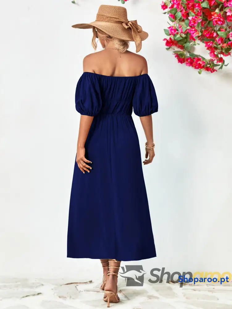 Off-Shoulder Balloon Sleeve Midi Dress