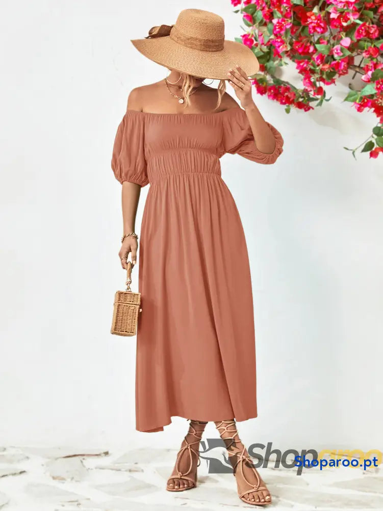 Off-Shoulder Balloon Sleeve Midi Dress