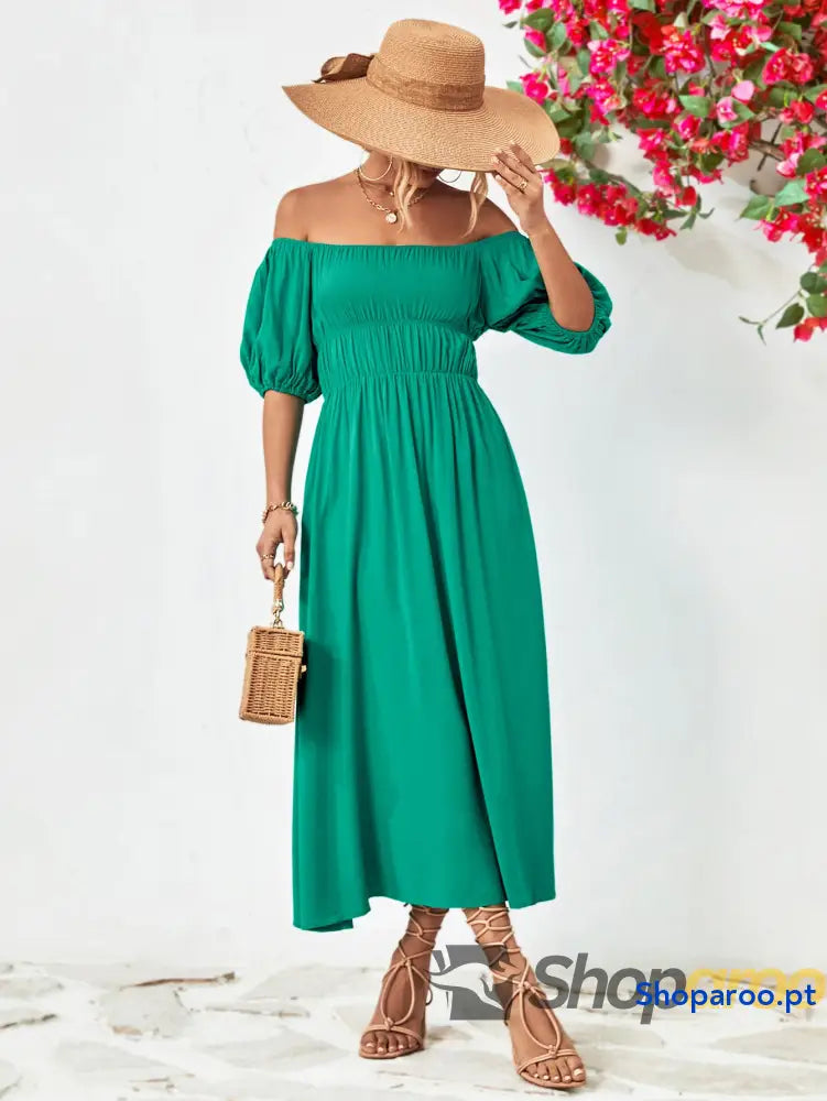 Off-Shoulder Balloon Sleeve Midi Dress