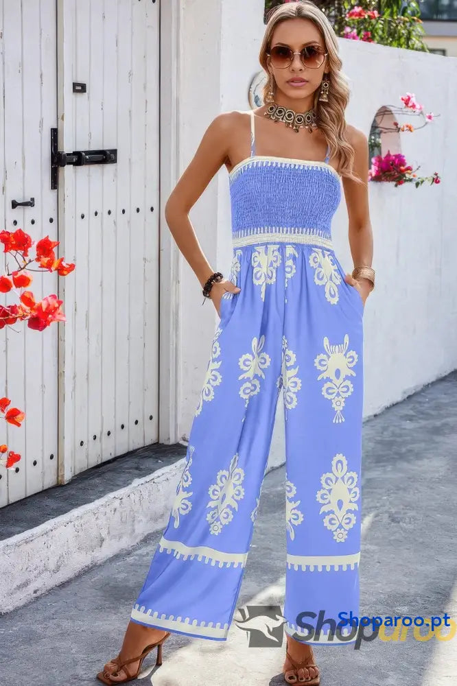 Off Shoulder Ruched Printed High Waist Jumpsuit