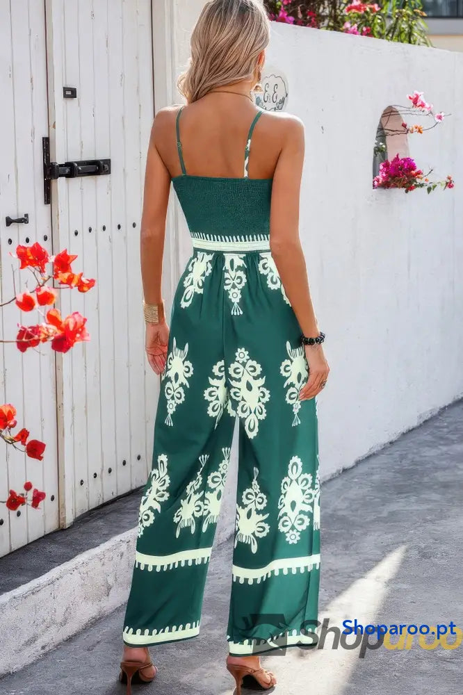 Off Shoulder Ruched Printed High Waist Jumpsuit