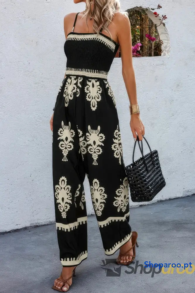 Off Shoulder Ruched Printed High Waist Jumpsuit