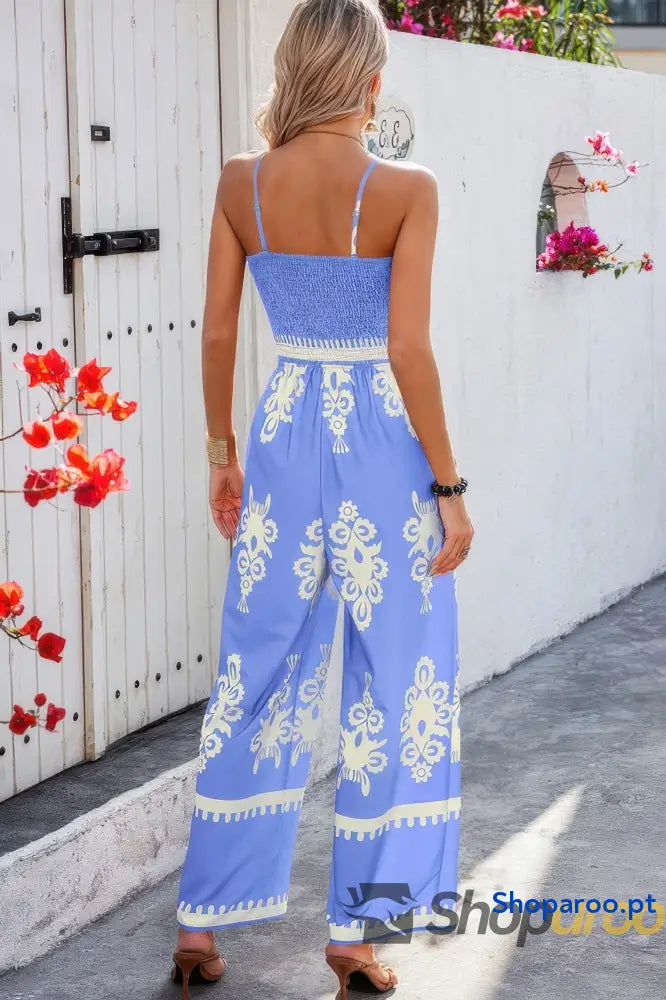 Off Shoulder Ruched Printed High Waist Jumpsuit