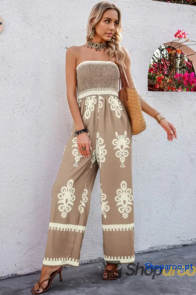 Off Shoulder Ruched Printed High Waist Jumpsuit