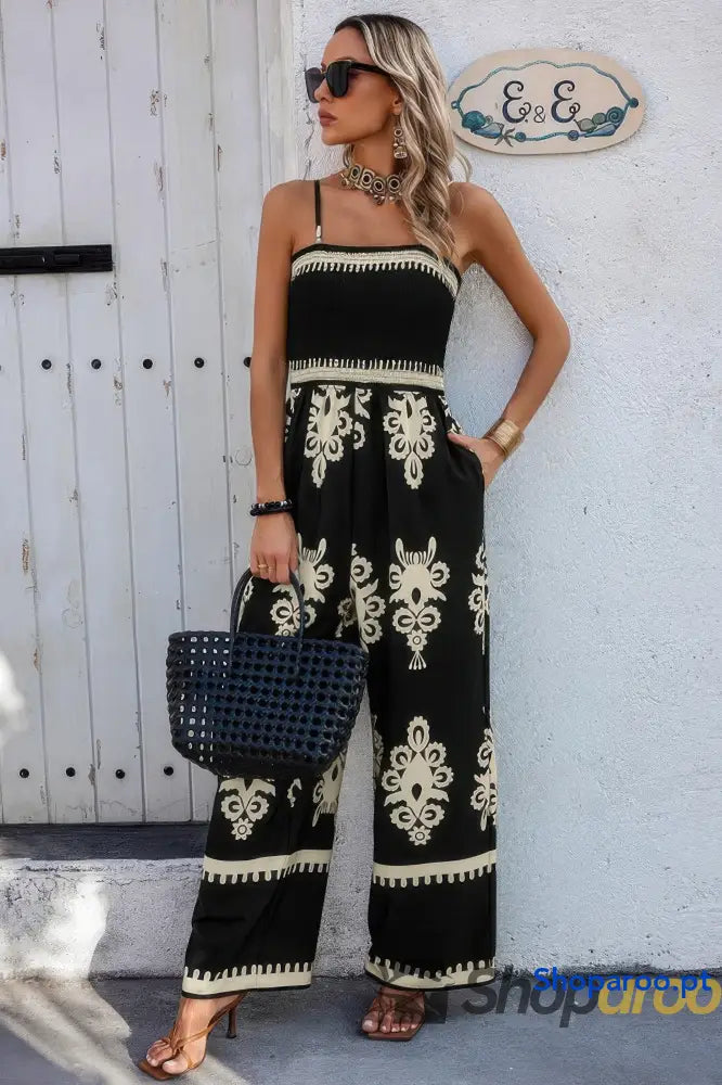 Off Shoulder Ruched Printed High Waist Jumpsuit