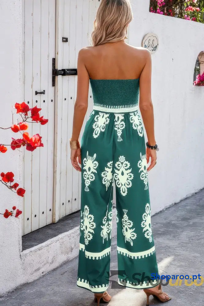 Off Shoulder Ruched Printed High Waist Jumpsuit