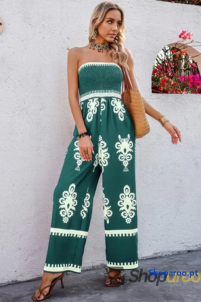 Off Shoulder Ruched Printed High Waist Jumpsuit