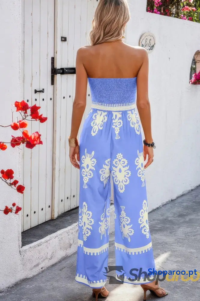 Off Shoulder Ruched Printed High Waist Jumpsuit