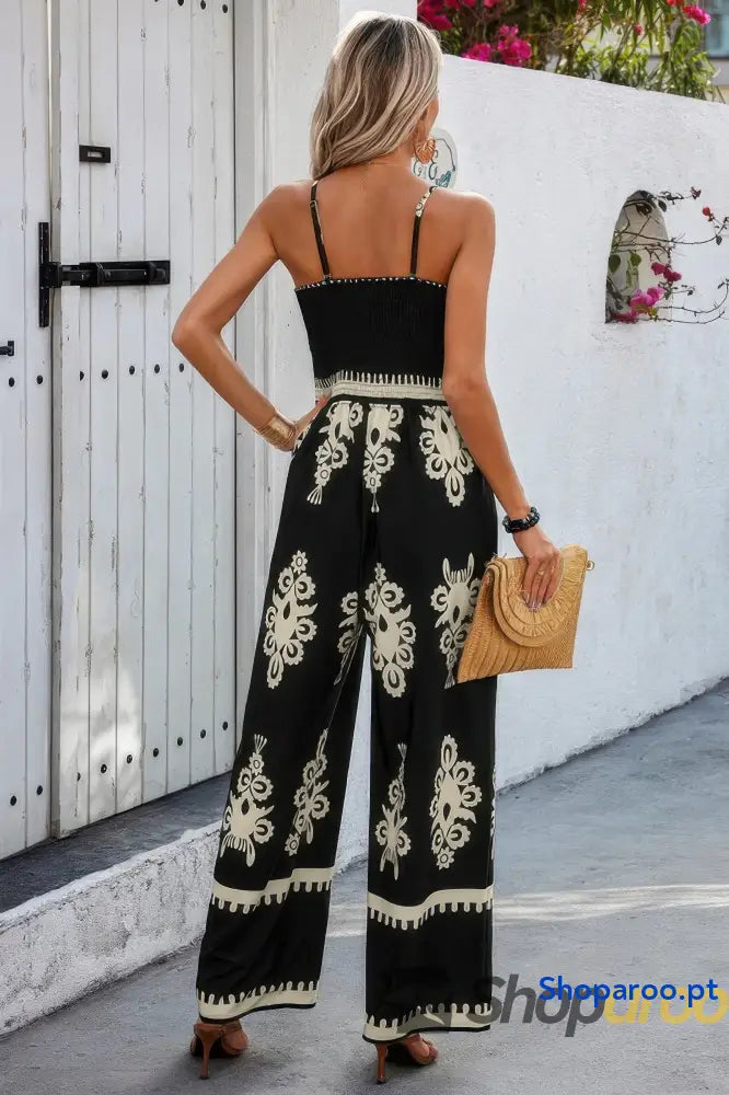 Off Shoulder Ruched Printed High Waist Jumpsuit