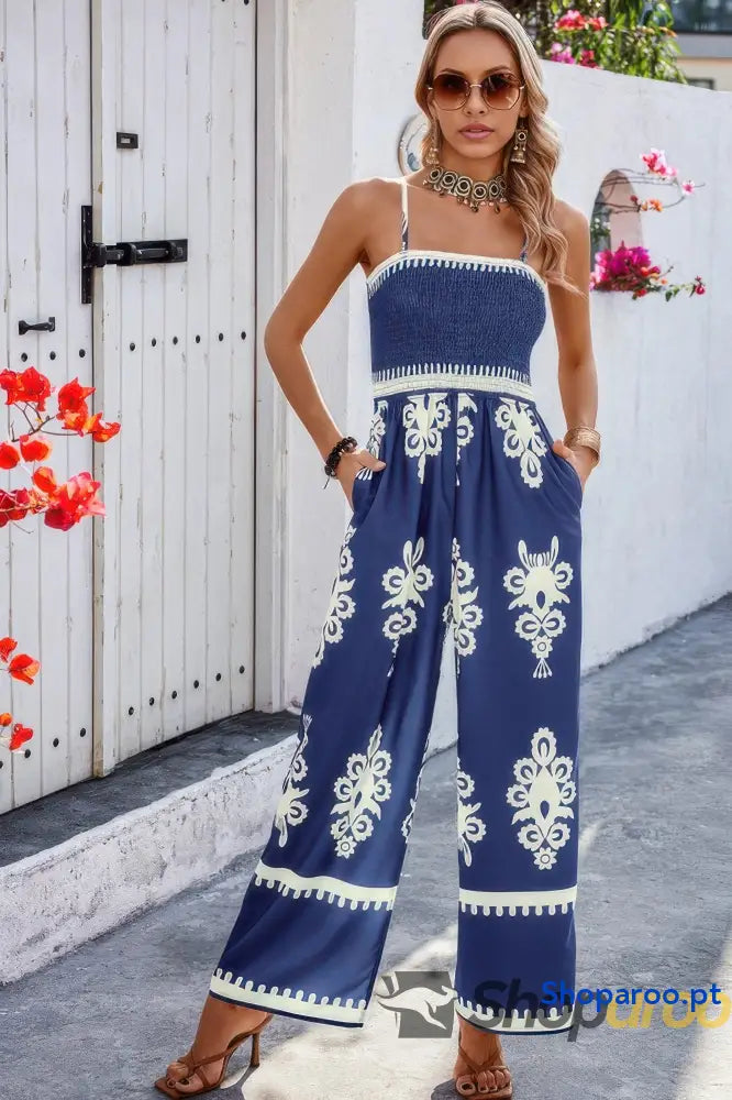 Off Shoulder Ruched Printed High Waist Jumpsuit