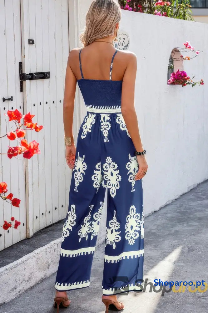 Off Shoulder Ruched Printed High Waist Jumpsuit