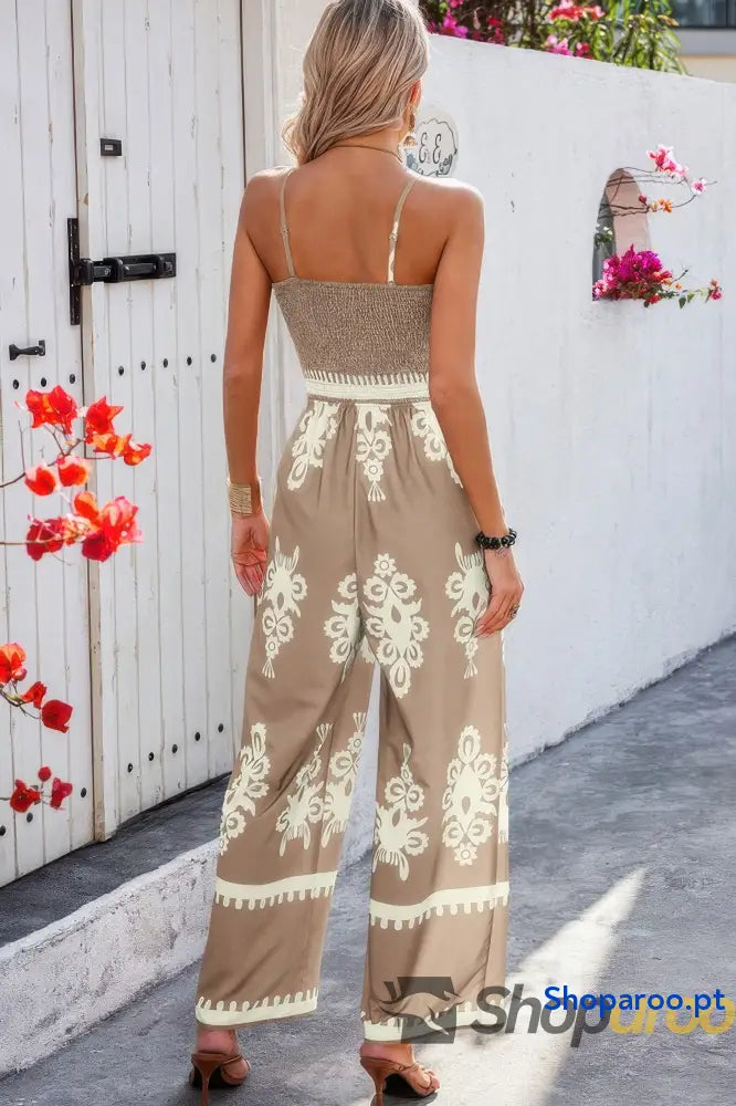 Off Shoulder Ruched Printed High Waist Jumpsuit