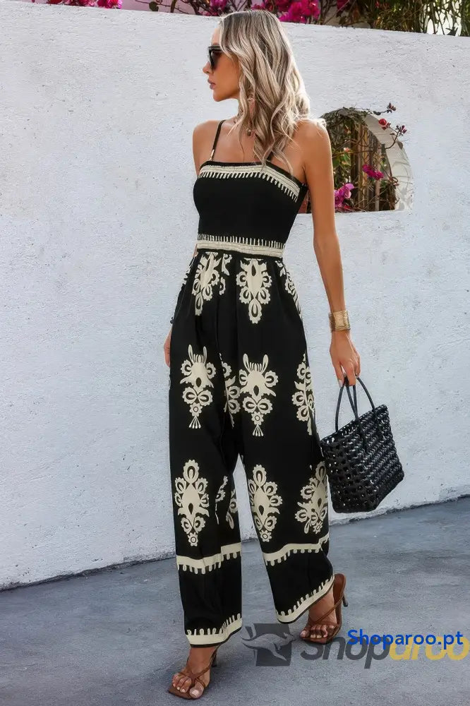 Off Shoulder Ruched Printed High Waist Jumpsuit