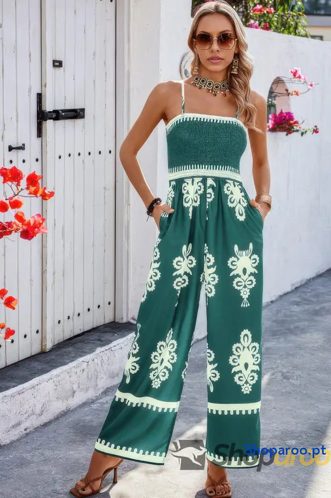 Off Shoulder Ruched Printed High Waist Jumpsuit