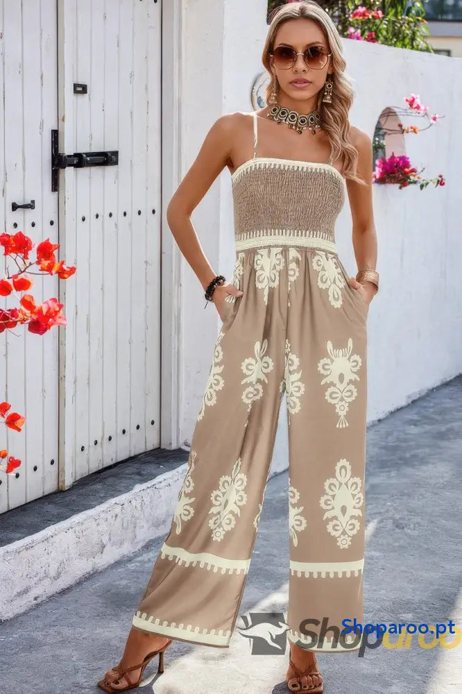 Off Shoulder Ruched Printed High Waist Jumpsuit