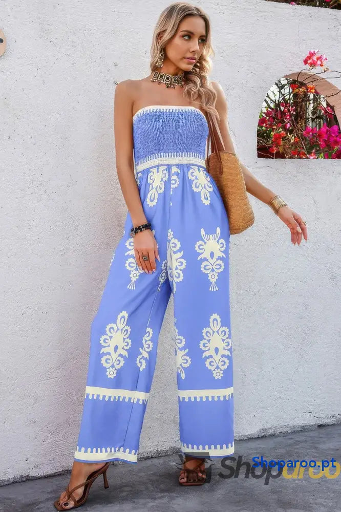 Off Shoulder Ruched Printed High Waist Jumpsuit