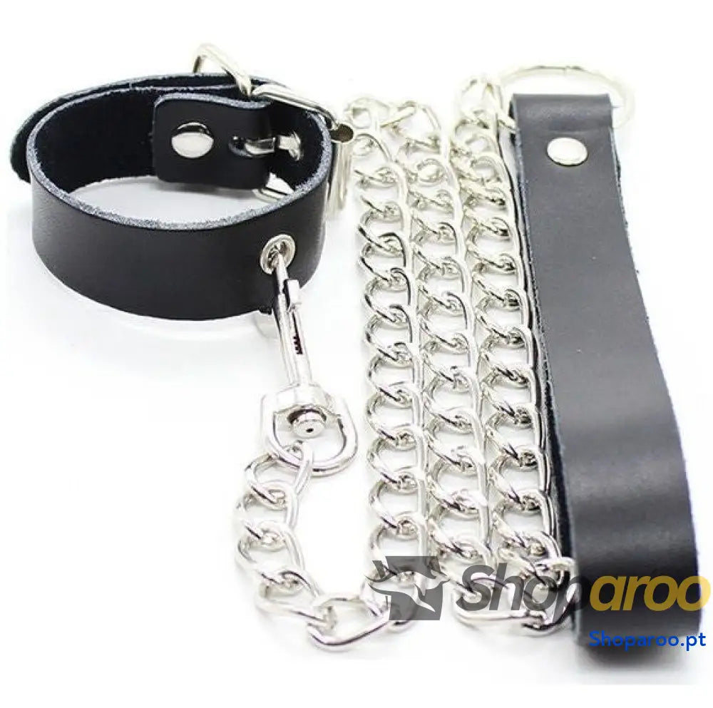 OHMAMA FETISH - COLAR PARA PÊNIS E ALÇA DE COURO COM CORRENTE METAL