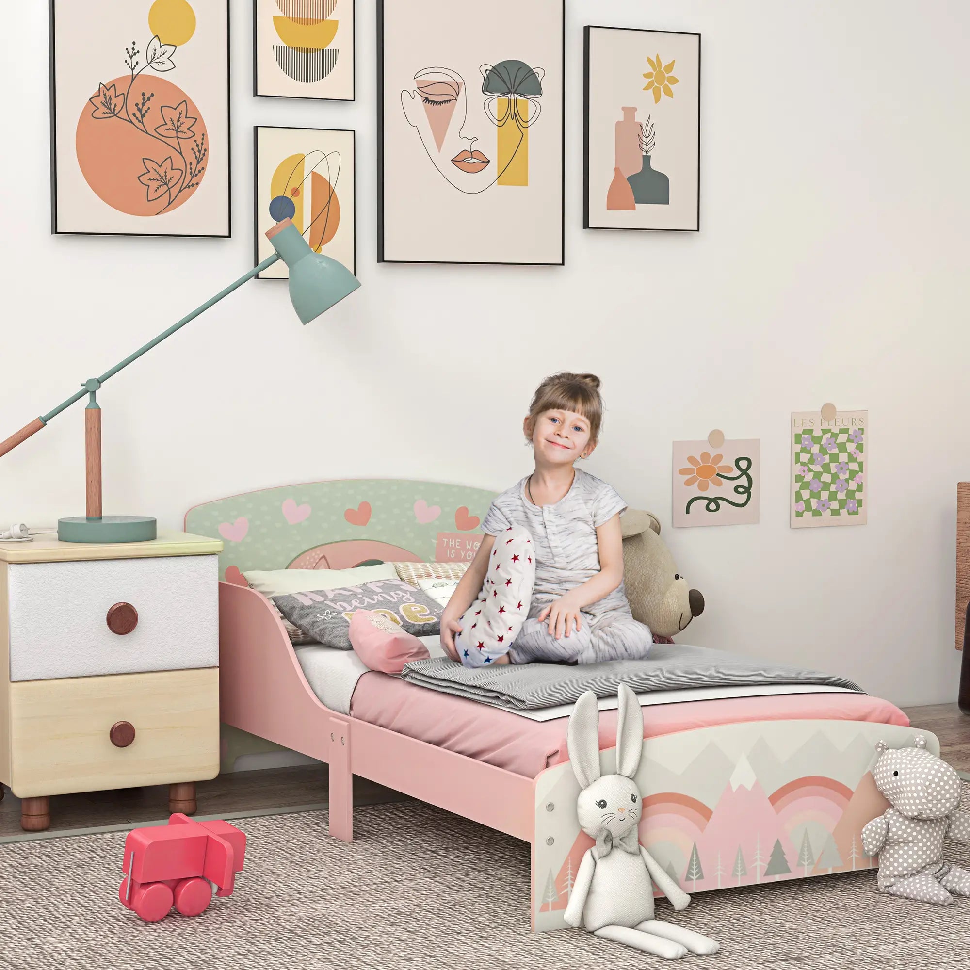 Cama para Crianças de Madeira com Barreira de Proteção e Estampados Carga Máx. 40 kg 143x77x60 cm Rosa