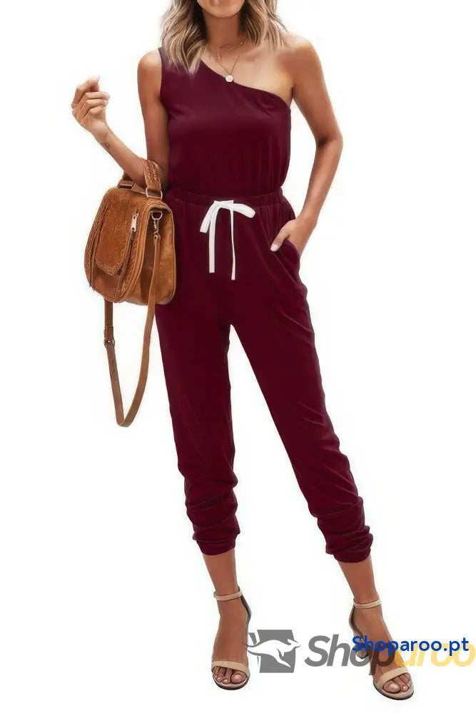 One Shoulder Sleeveless Elastic Waist Jumpsuit