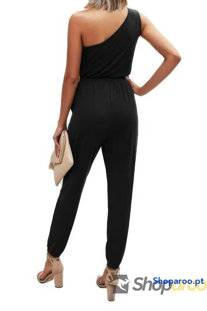One Shoulder Sleeveless Elastic Waist Jumpsuit