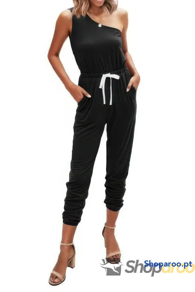 One Shoulder Sleeveless Elastic Waist Jumpsuit