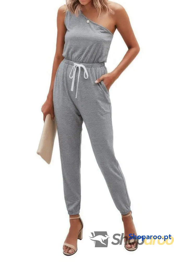 One Shoulder Sleeveless Elastic Waist Jumpsuit