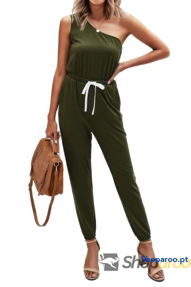 One Shoulder Sleeveless Elastic Waist Jumpsuit