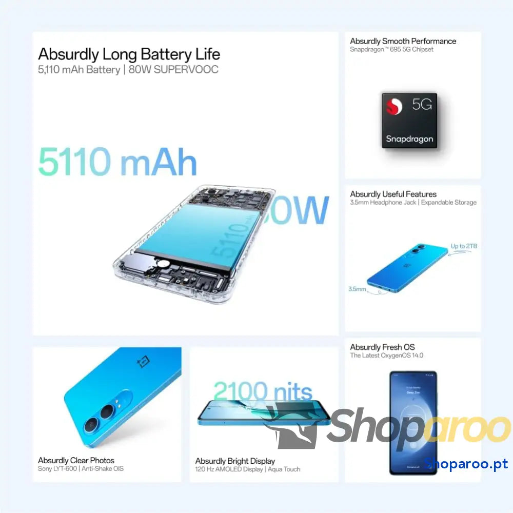 OnePlus Nord CE 4 Lite 5G 8 GB RAM 256 armazenamento smartphone sem SIM com câmara dupla de 50 MP Mega Blue
