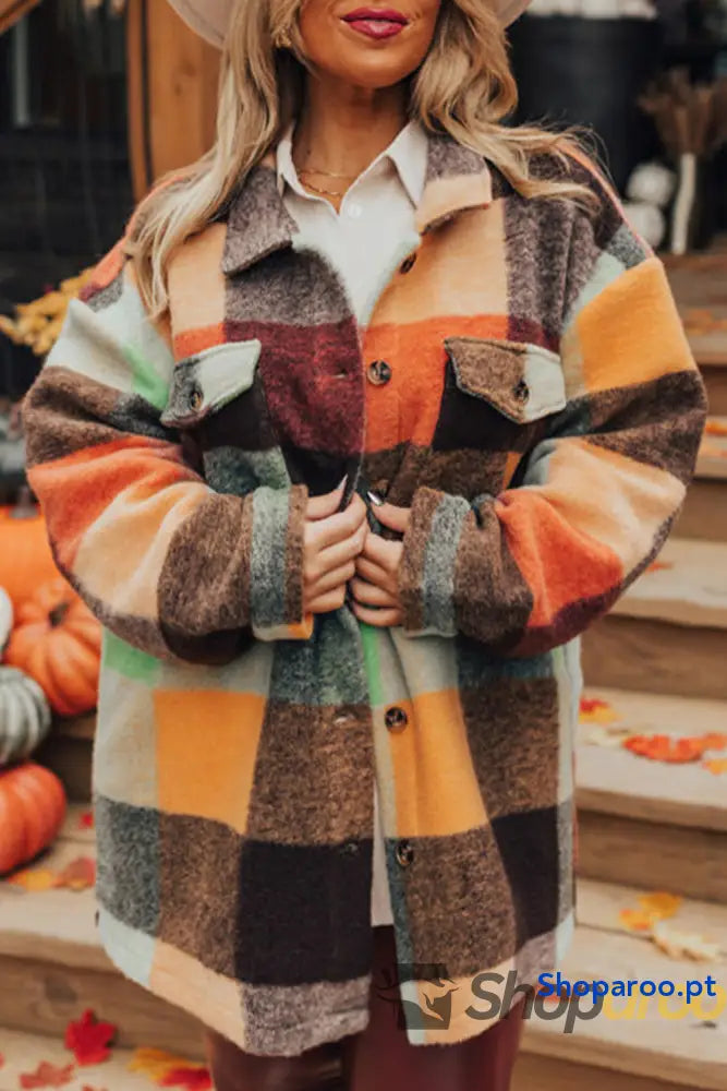 Orange Plaid Print Flap Pocket Long Jacket