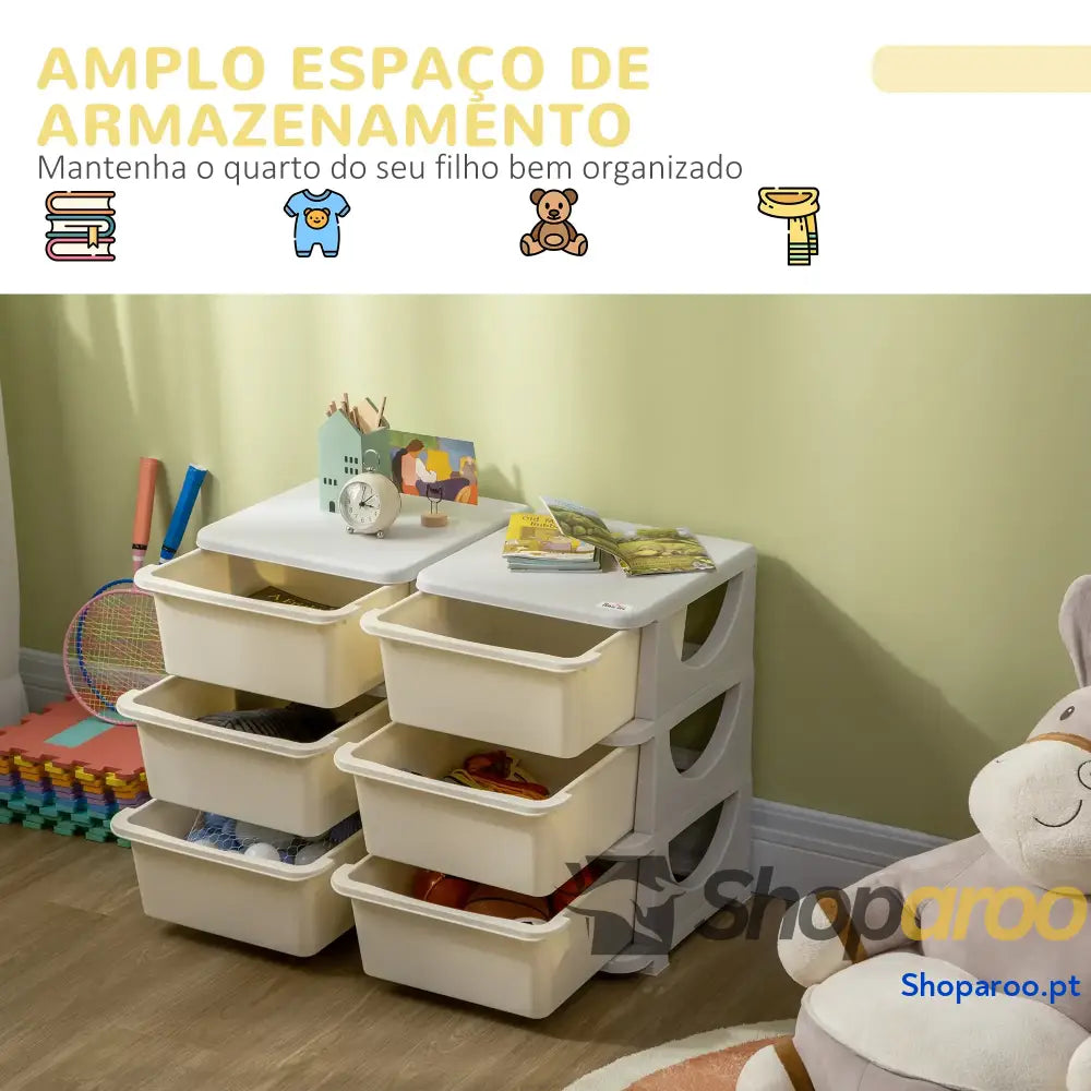 Organizador de Brinquedos com 6 Gavetas para Crianças Bordas Arredondadas e Pegas 75x37x56,5 cm Creme Cinza