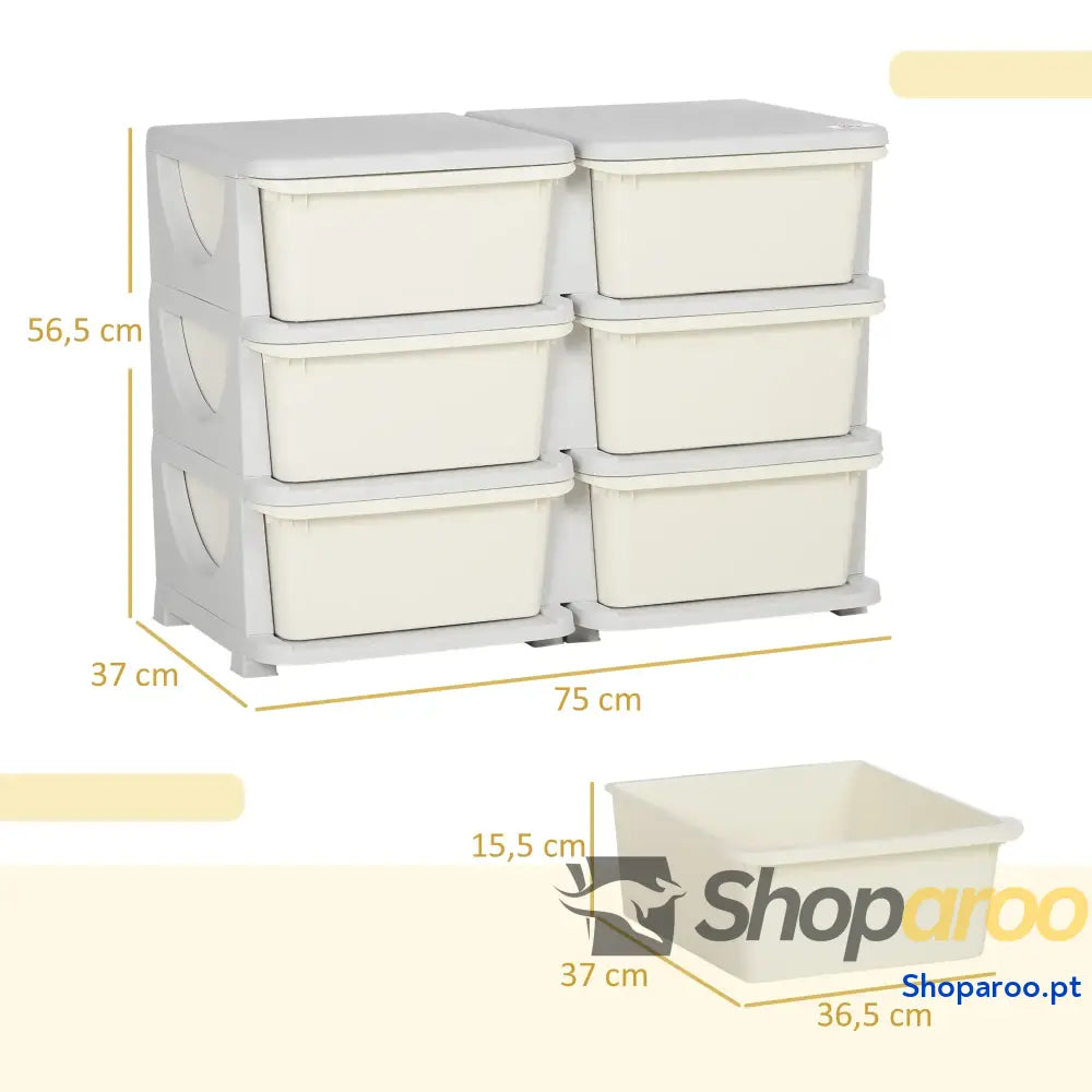 Organizador de Brinquedos com 6 Gavetas para Crianças Bordas Arredondadas e Pegas 75x37x56,5 cm Creme Cinza