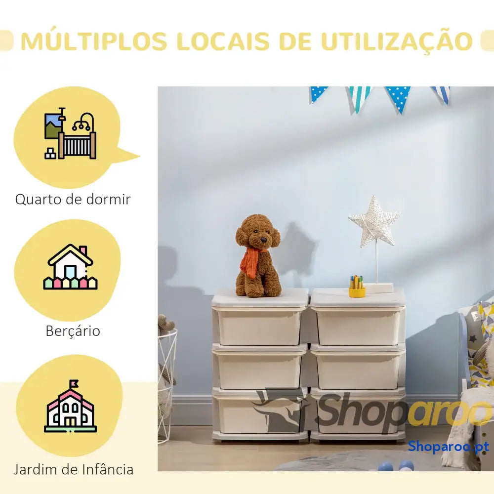 Organizador de Brinquedos com 6 Gavetas para Crianças Bordas Arredondadas e Pegas 75x37x56,5 cm Creme Cinza