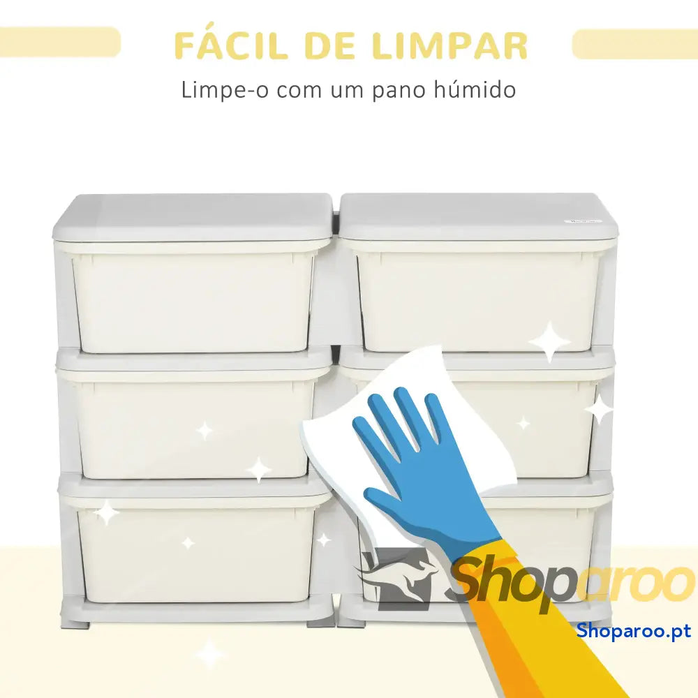 Organizador de Brinquedos com 6 Gavetas para Crianças Bordas Arredondadas e Pegas 75x37x56,5 cm Creme Cinza