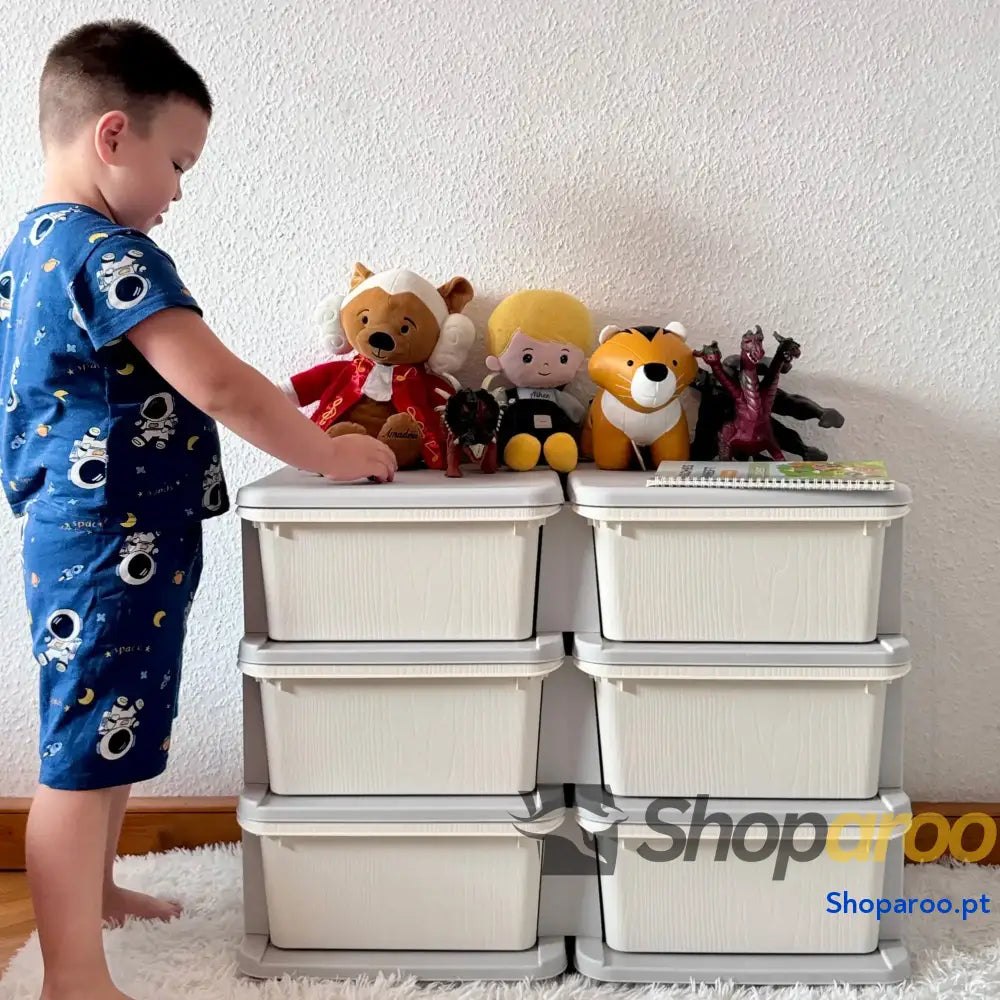 Organizador de Brinquedos com 6 Gavetas para Crianças Bordas Arredondadas e Pegas 75x37x56,5 cm Creme Cinza