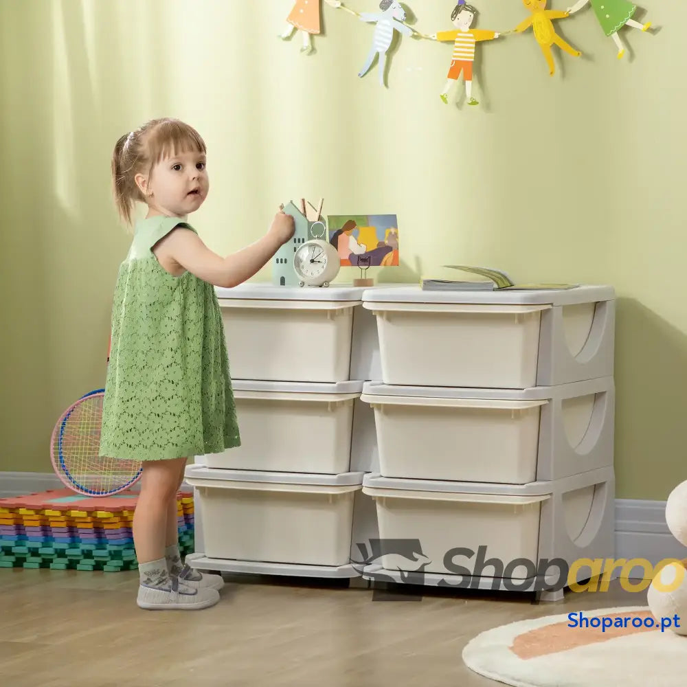 Organizador de Brinquedos com 6 Gavetas para Crianças Bordas Arredondadas e Pegas 75x37x56,5 cm Creme Cinza